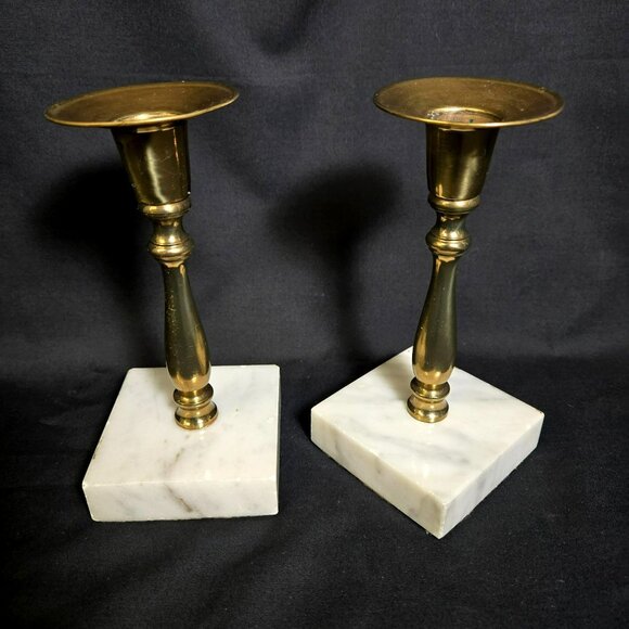 Pair Brass & Marble Candlestick Holders 6" Mid Century Modern Square Base Vintag - Picture 1 of 12